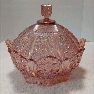 Vintage Fenton Pink Iridescent Daisy & Button Glass Covered Dish 10" × 9"in